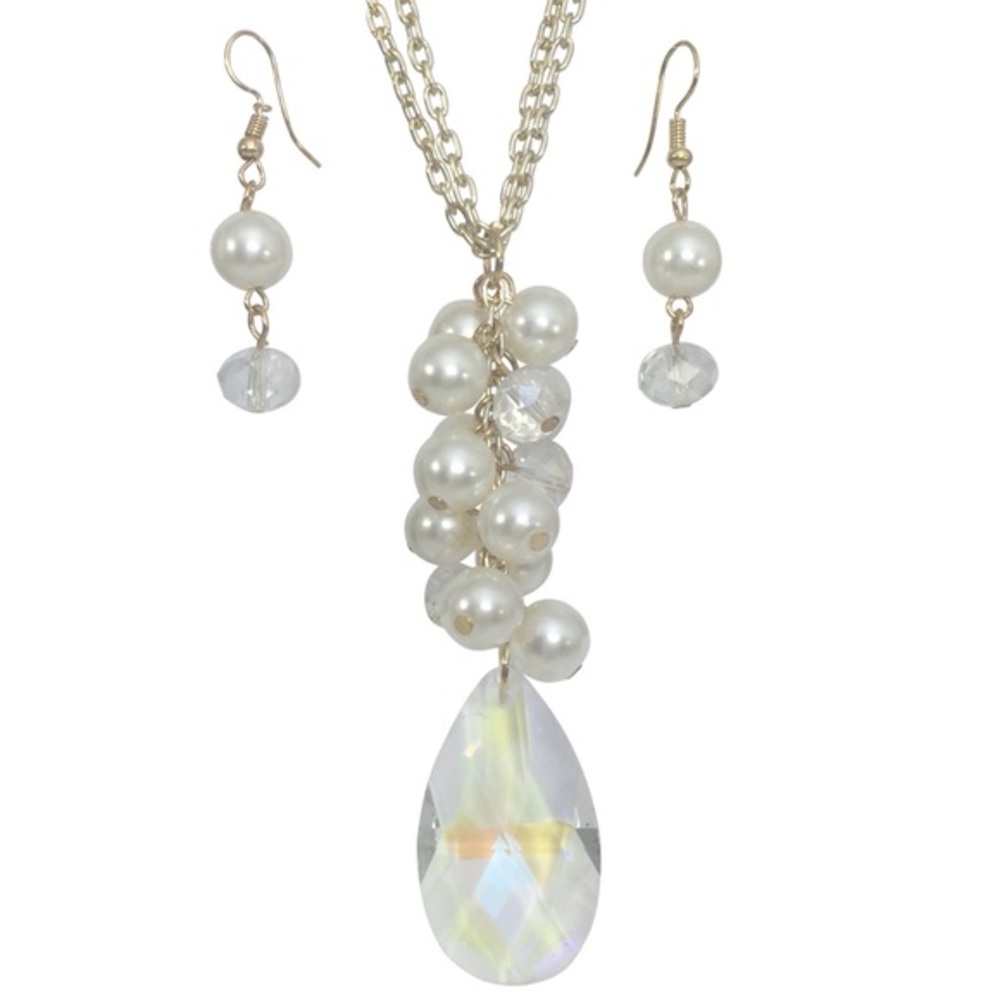AB Clear Teardrop Pearl Cluster Long Necklace Set